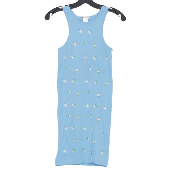 Zara Dress Floral Embroidered Ribbed Sleeveless Mini Boho Stretch Blue Size M/L - Picture 1 of 6